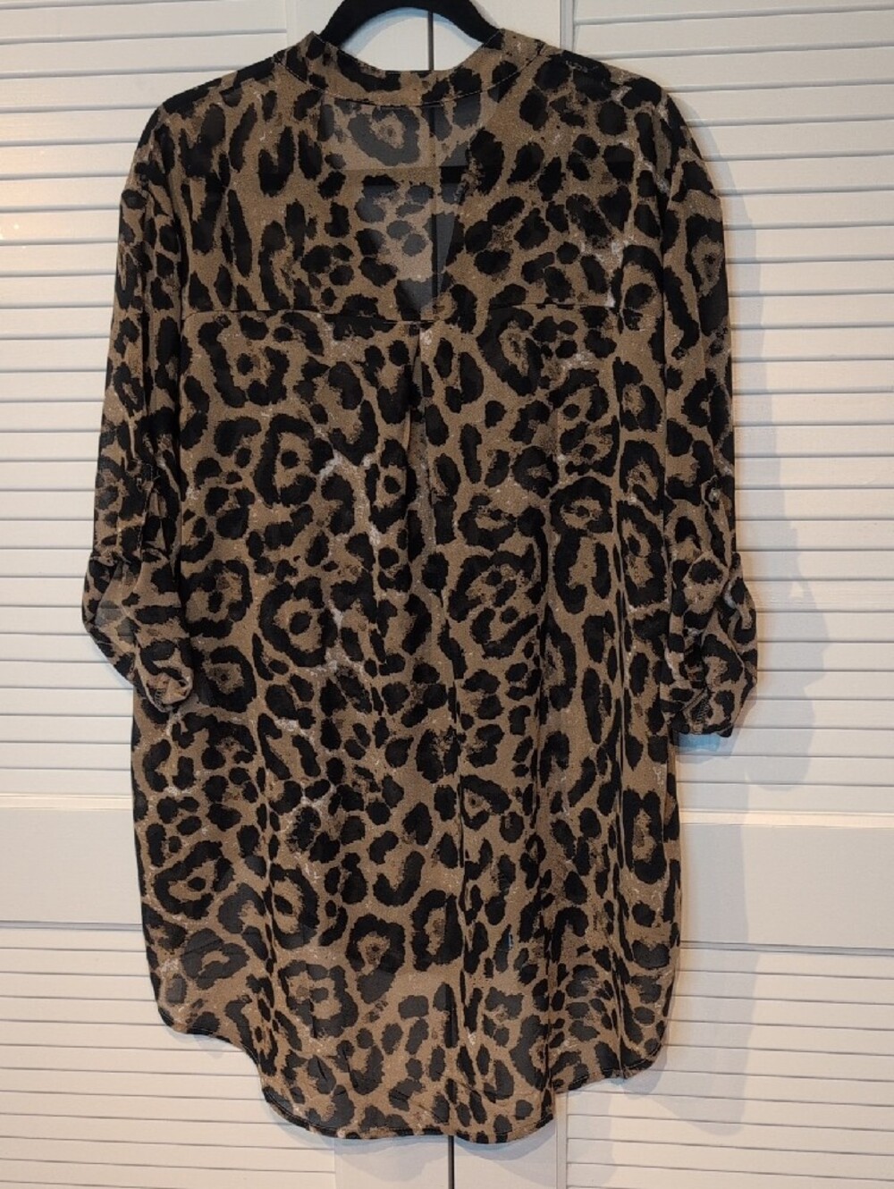 Leopard-Print Button-Down Sheer Blouse - Brown/Black Size M - Picture 3 of 7
